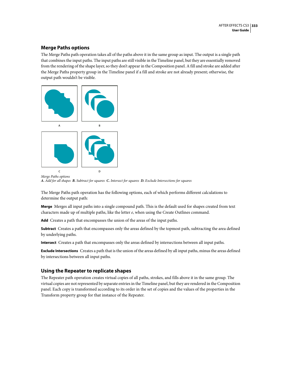 Merge paths options, Using the repeater to replicate shapes | Adobe After Effects CS3 User Manual | Page 338 / 677