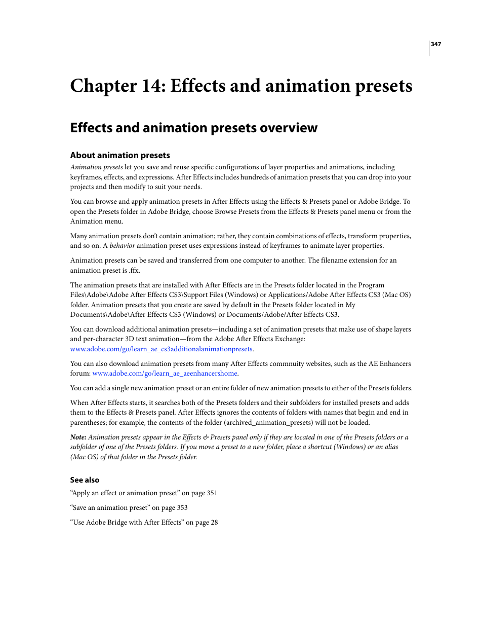 Chapter 14: effects and animation presets, Effects and animation presets overview, About animation presets | Adobe After Effects CS3 User Manual | Page 352 / 677