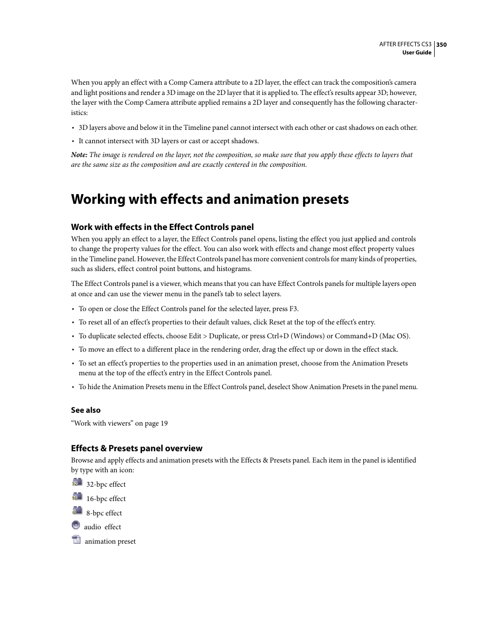 Working with effects and animation presets, Work with effects in the effect controls panel, Effects & presets panel overview | Adobe After Effects CS3 User Manual | Page 355 / 677