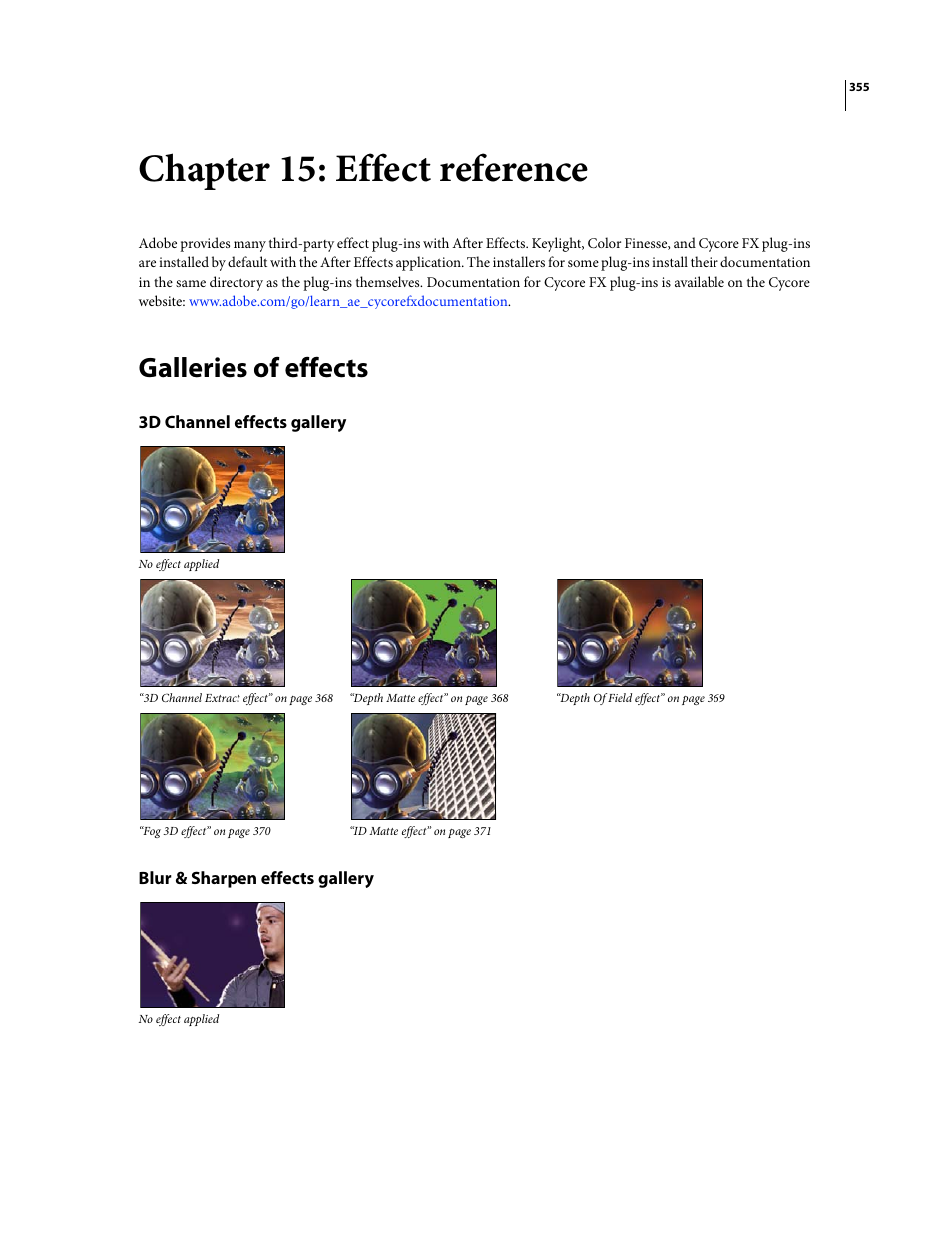 Chapter 15: effect reference, Galleries of effects, 3d channel effects gallery | Blur & sharpen effects gallery | Adobe After Effects CS3 User Manual | Page 360 / 677