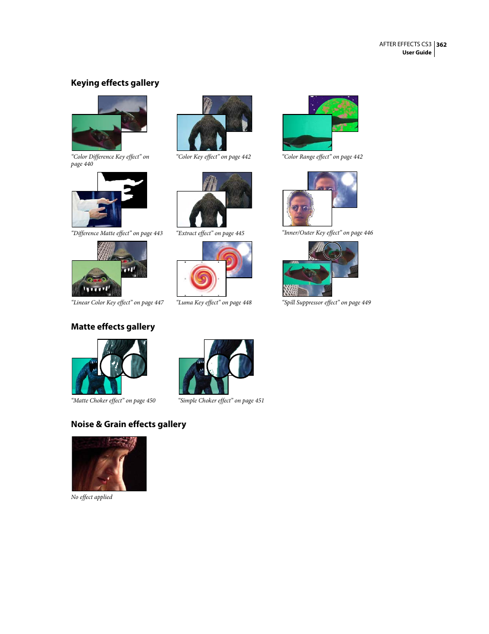 Keying effects gallery, Matte effects gallery, Noise & grain effects gallery | Adobe After Effects CS3 User Manual | Page 367 / 677