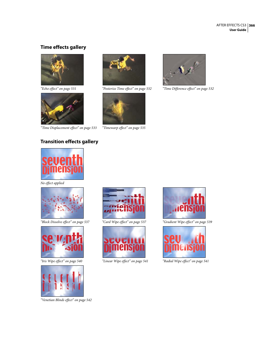 Time effects gallery, Transition effects gallery, Time effects gallery transition effects gallery | Adobe After Effects CS3 User Manual | Page 371 / 677