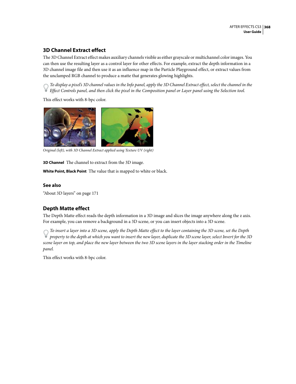 3d channel extract effect, Depth matte effect | Adobe After Effects CS3 User Manual | Page 373 / 677