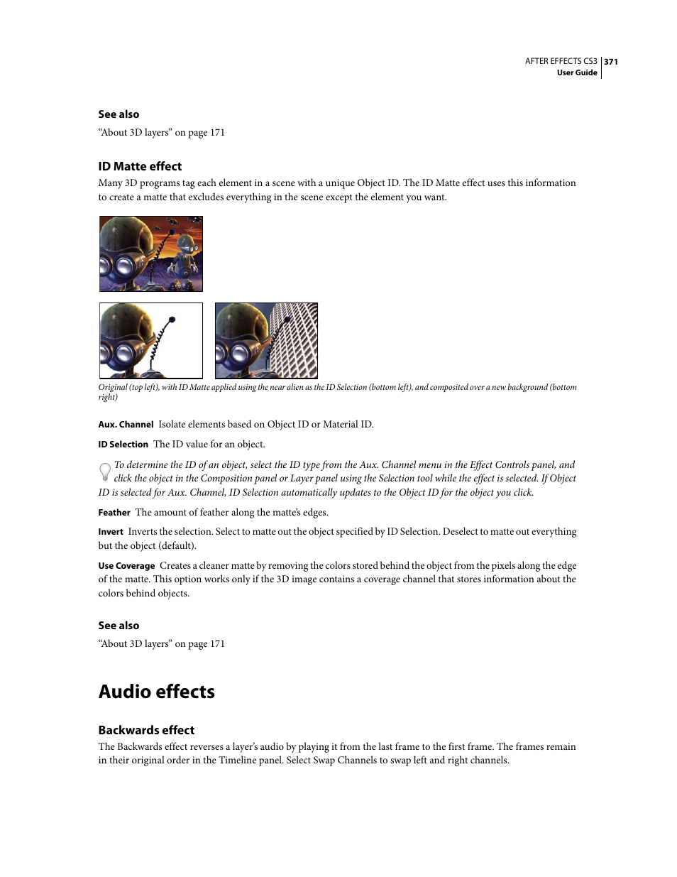 Id matte effect, Audio effects, Backwards effect | Adobe After Effects CS3 User Manual | Page 376 / 677