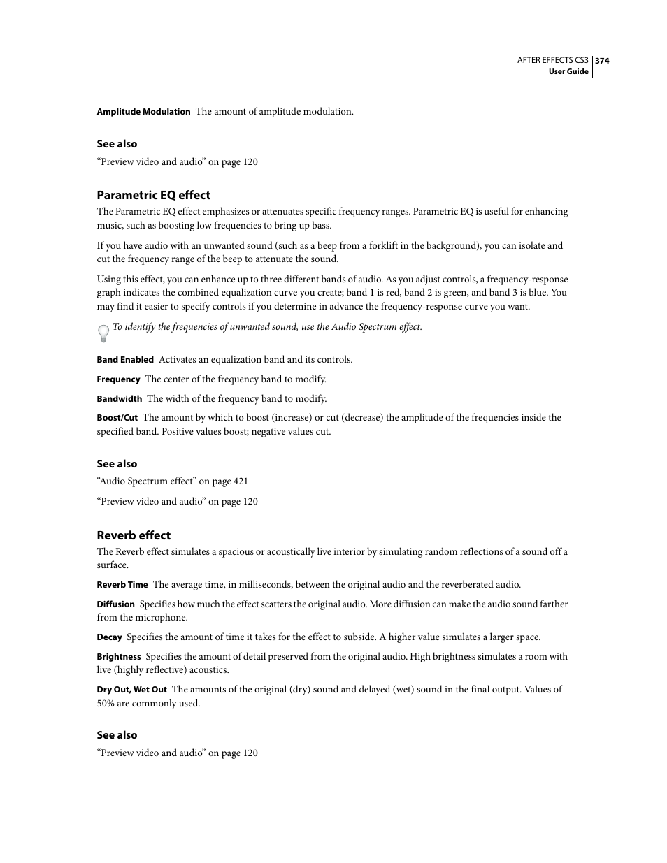 Parametric eq effect, Reverb effect | Adobe After Effects CS3 User Manual | Page 379 / 677