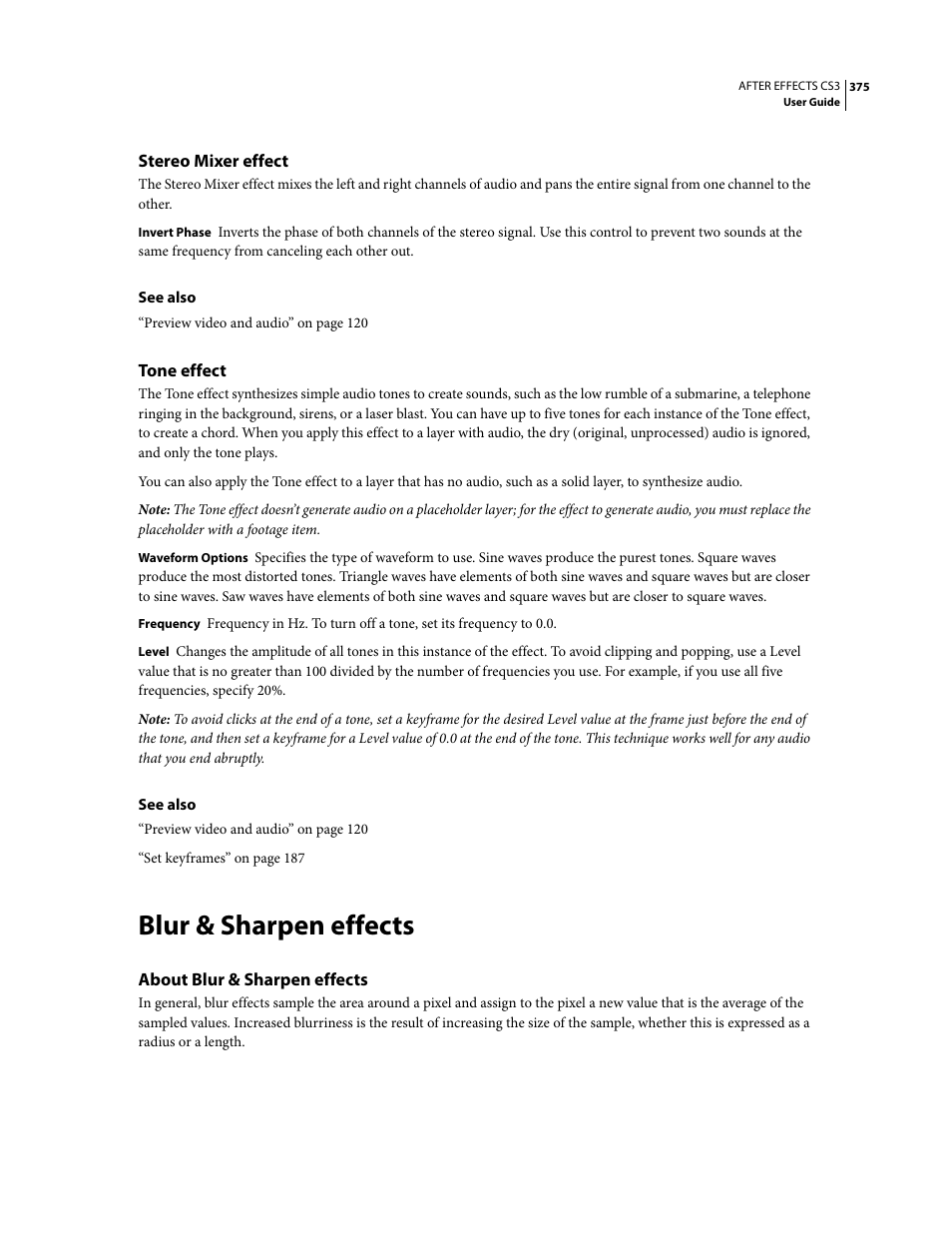 Stereo mixer effect, Tone effect, Blur & sharpen effects | About blur & sharpen effects | Adobe After Effects CS3 User Manual | Page 380 / 677