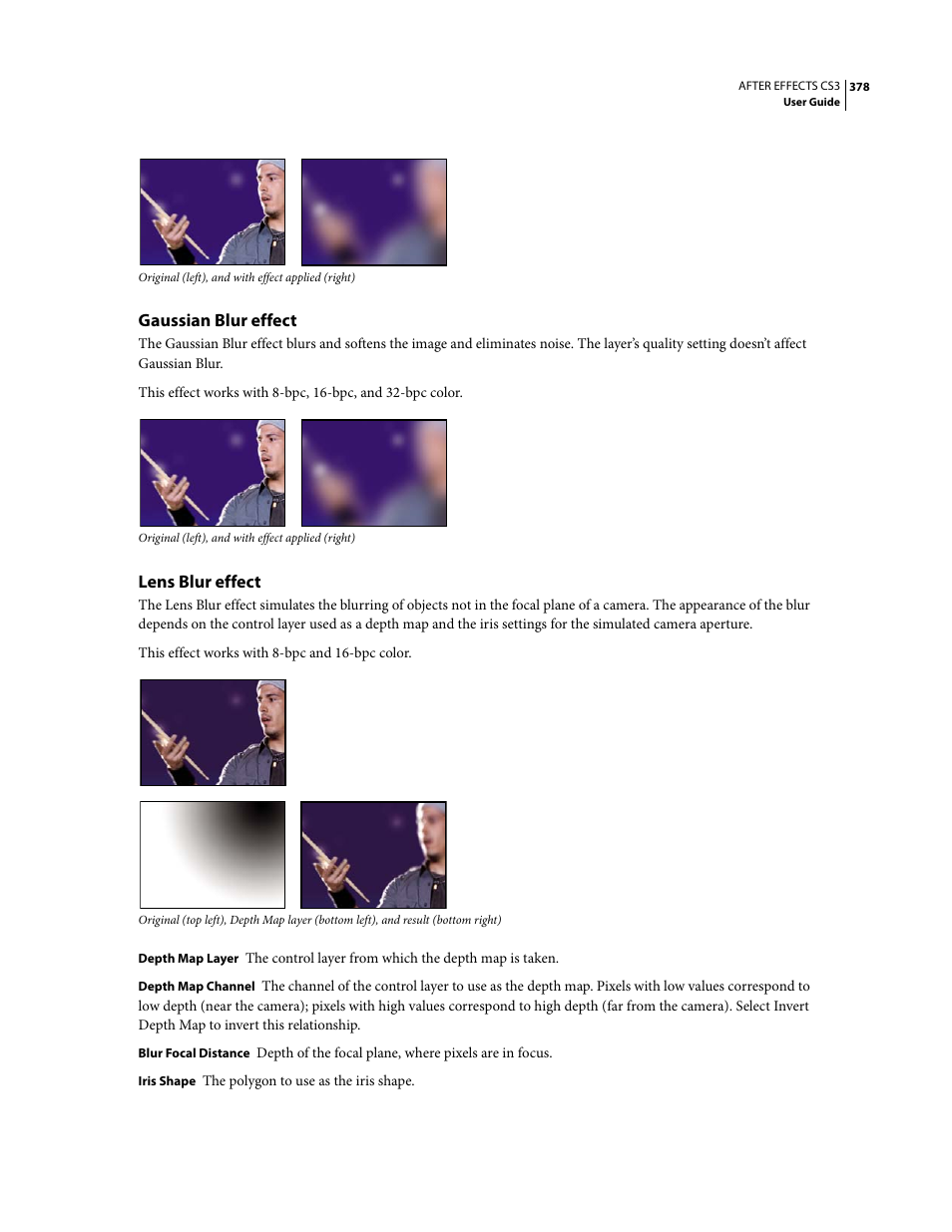 Gaussian blur effect, Lens blur effect | Adobe After Effects CS3 User Manual | Page 383 / 677