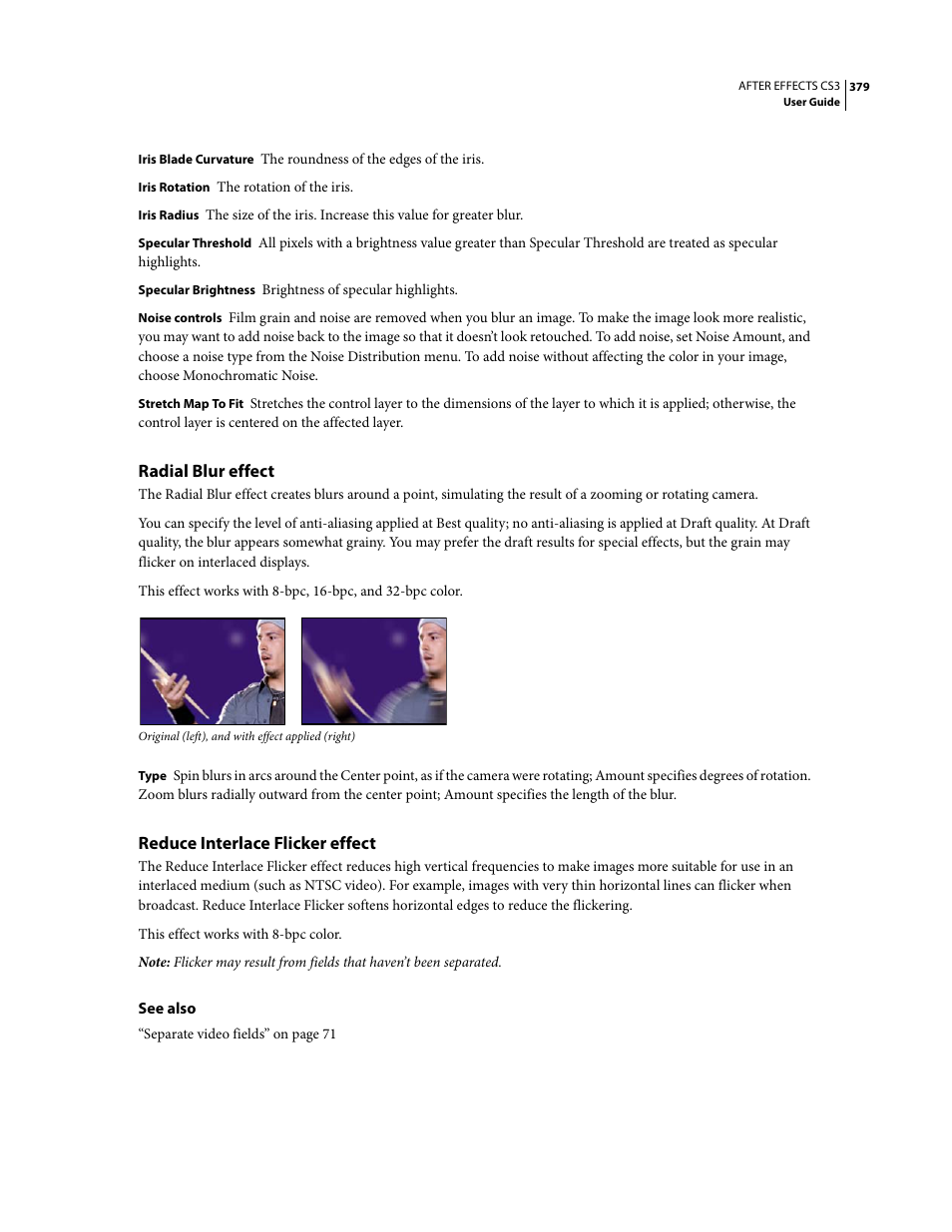 Radial blur effect, Reduce interlace flicker effect | Adobe After Effects CS3 User Manual | Page 384 / 677