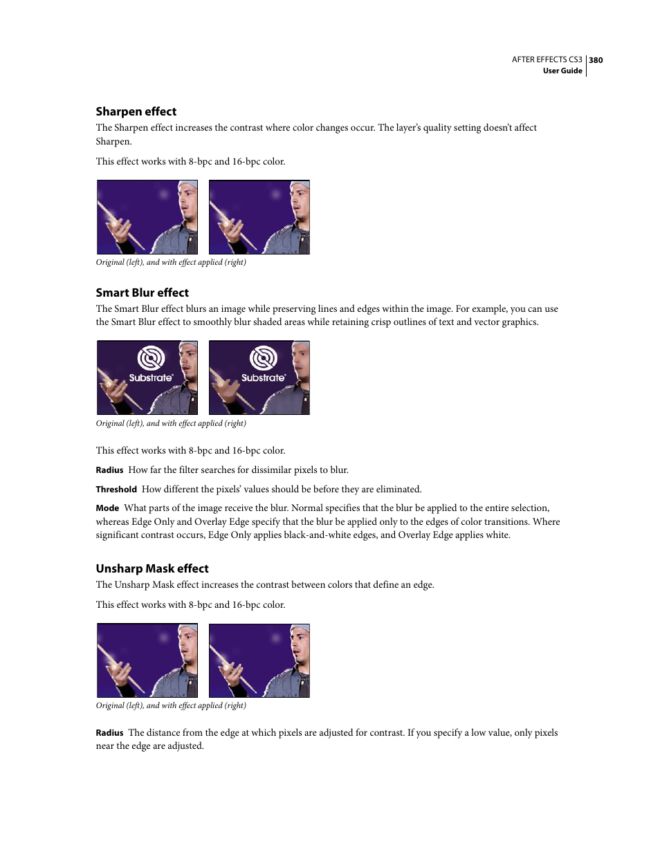 Sharpen effect, Smart blur effect, Unsharp mask effect | Adobe After Effects CS3 User Manual | Page 385 / 677