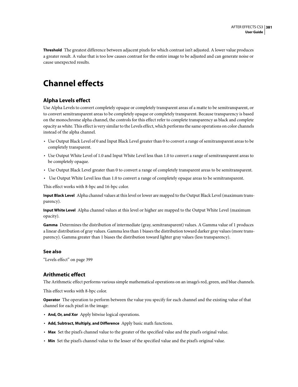 Channel effects, Alpha levels effect, Arithmetic effect | Adobe After Effects CS3 User Manual | Page 386 / 677