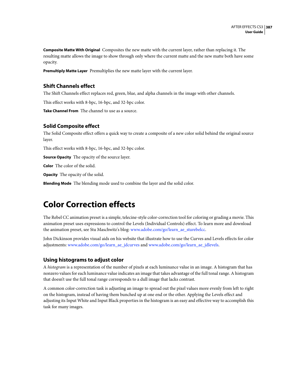 Shift channels effect, Solid composite effect, Color correction effects | Using histograms to adjust color | Adobe After Effects CS3 User Manual | Page 392 / 677