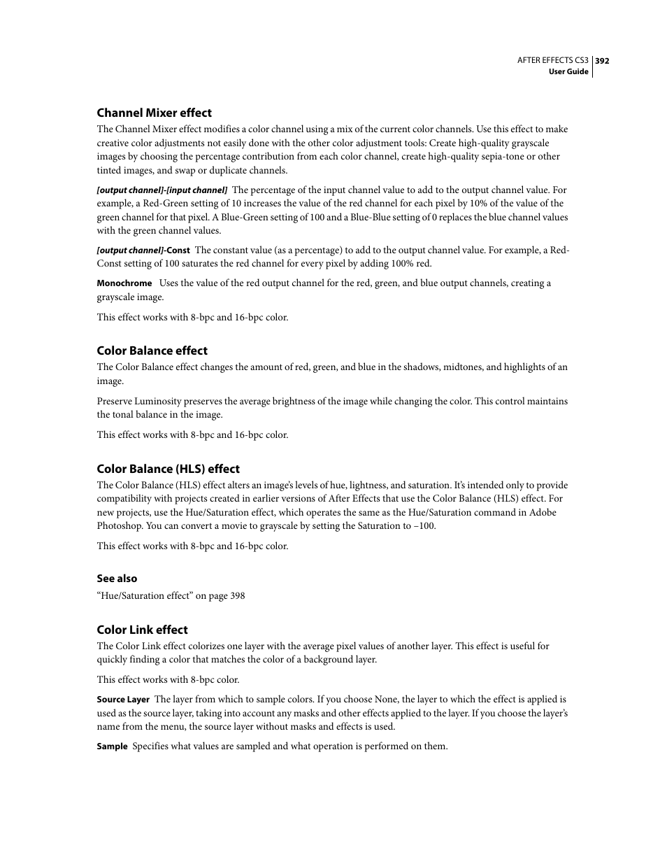 Channel mixer effect, Color balance effect, Color balance (hls) effect | Color link effect | Adobe After Effects CS3 User Manual | Page 397 / 677