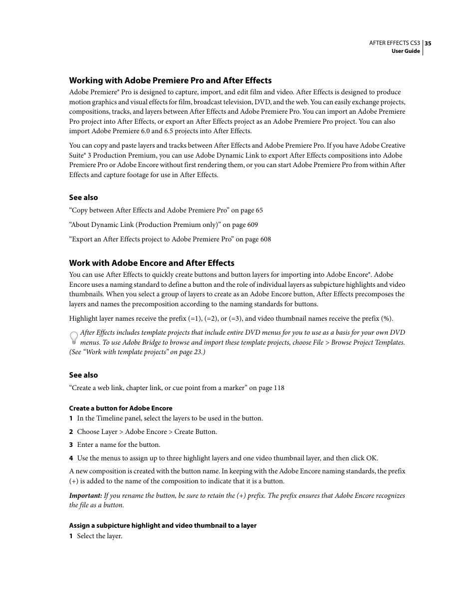 Working with adobe premiere pro and after effects, Work with adobe encore and after effects | Adobe After Effects CS3 User Manual | Page 40 / 677