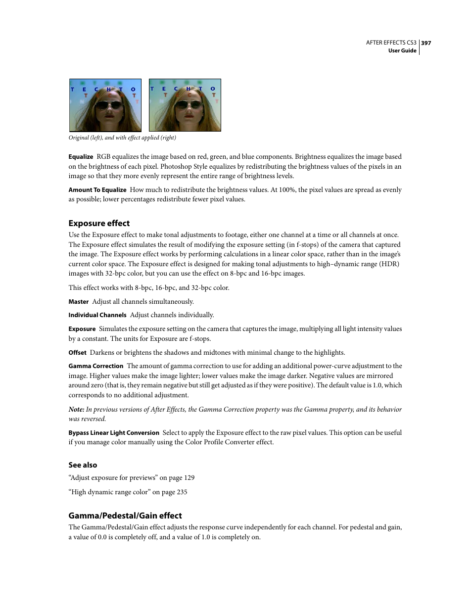 Exposure effect, Gamma/pedestal/gain effect | Adobe After Effects CS3 User Manual | Page 402 / 677