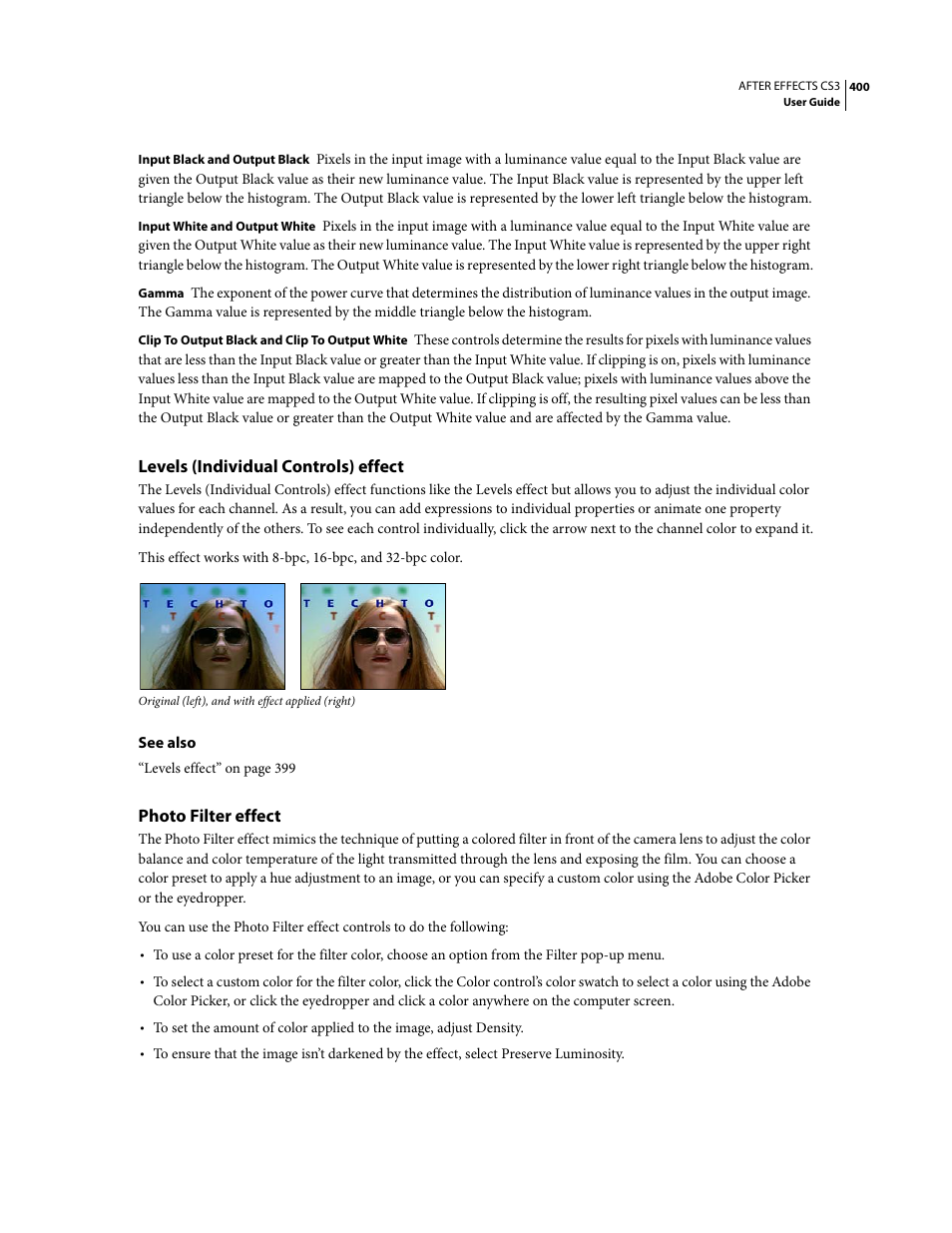 Levels (individual controls) effect, Photo filter effect | Adobe After Effects CS3 User Manual | Page 405 / 677
