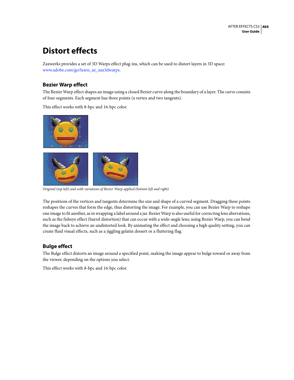 Distort effects, Bezier warp effect, Bulge effect | Adobe After Effects CS3 User Manual | Page 409 / 677