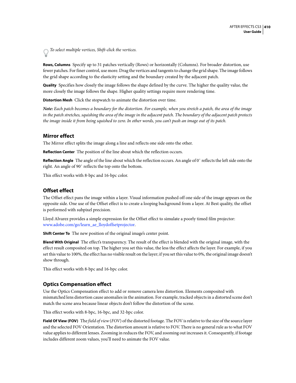 Mirror effect, Offset effect, Optics compensation effect | Adobe After Effects CS3 User Manual | Page 415 / 677