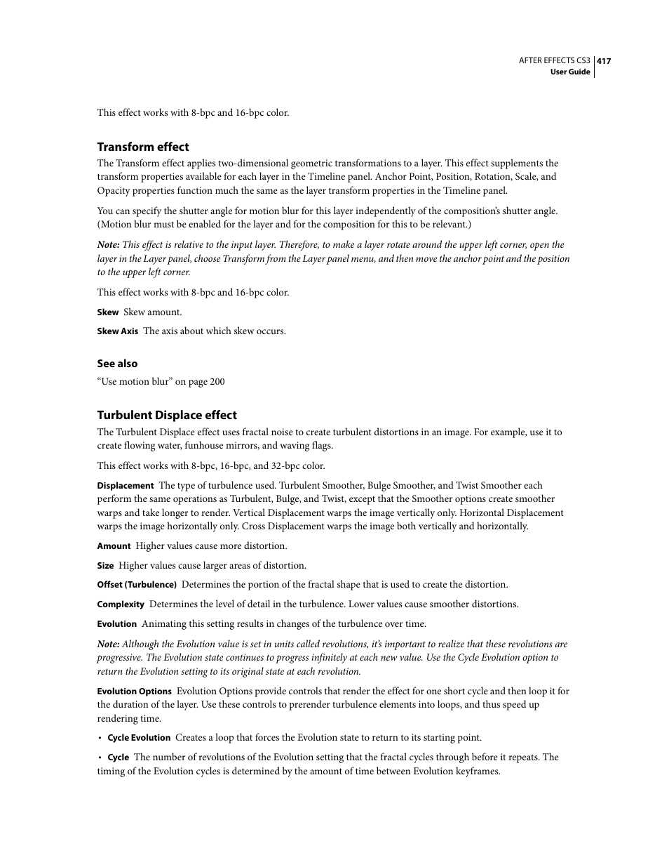 Transform effect, Turbulent displace effect | Adobe After Effects CS3 User Manual | Page 422 / 677