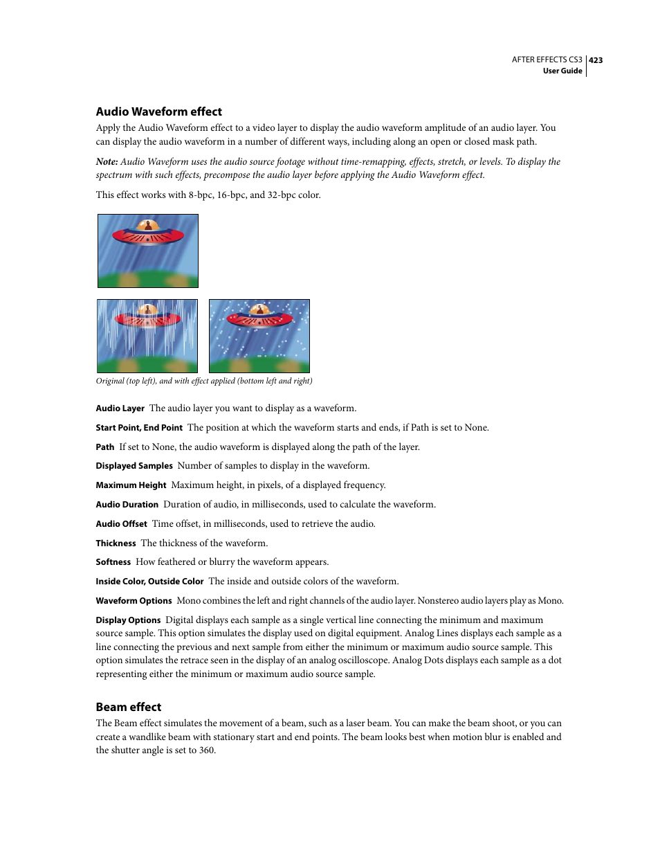 Audio waveform effect, Beam effect | Adobe After Effects CS3 User Manual | Page 428 / 677