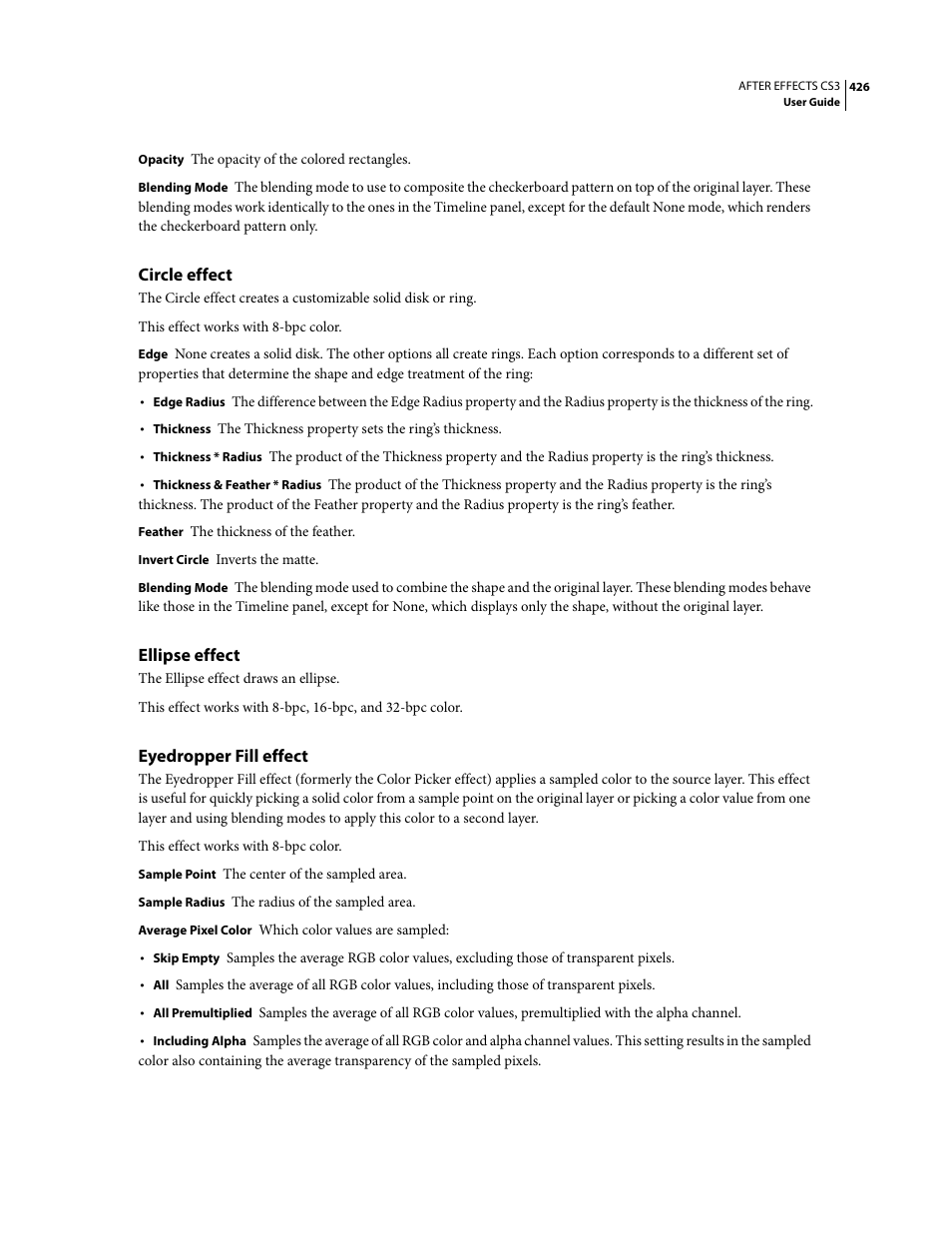 Circle effect, Ellipse effect, Eyedropper fill effect | Adobe After Effects CS3 User Manual | Page 431 / 677