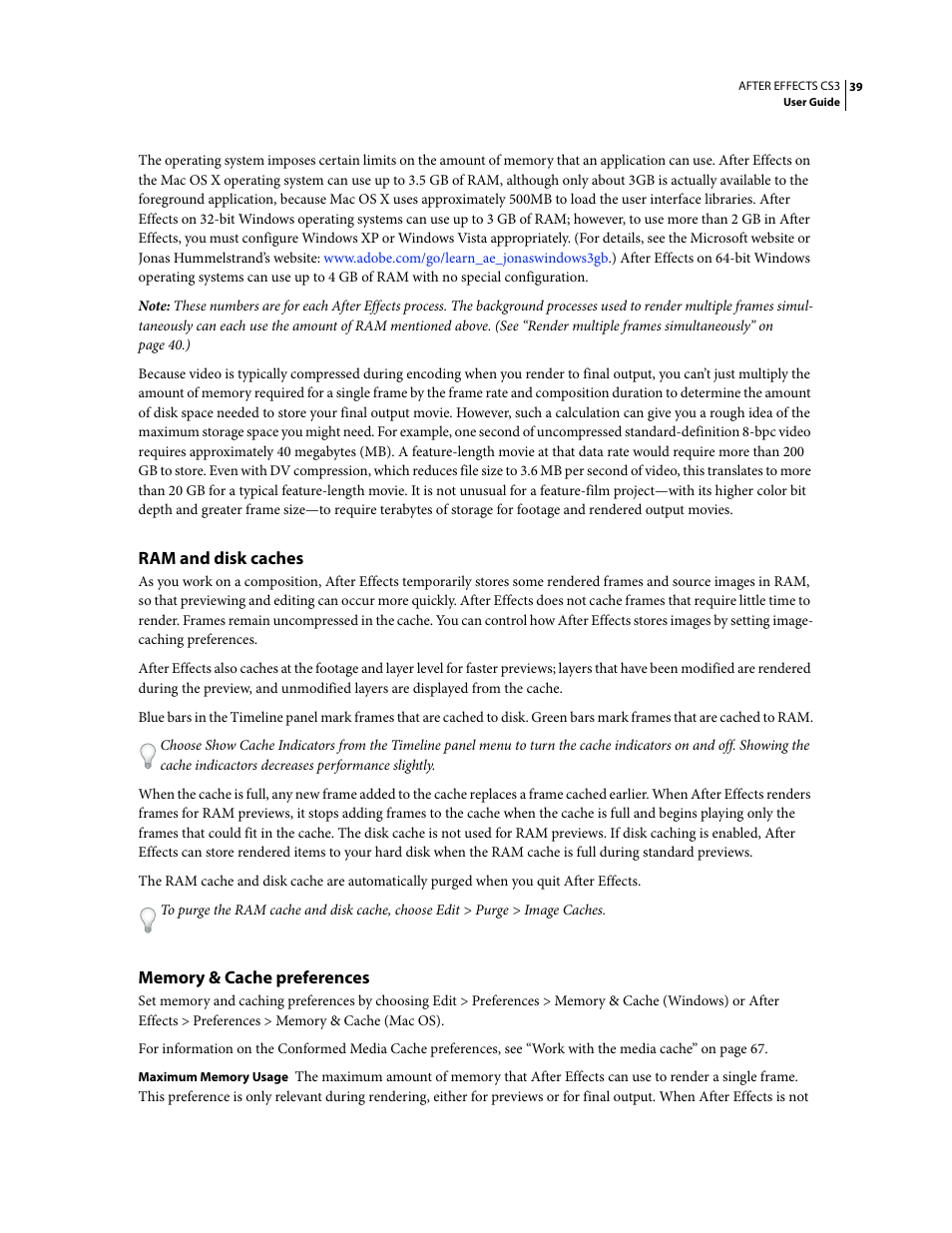 Ram and disk caches, Memory & cache preferences | Adobe After Effects CS3 User Manual | Page 44 / 677