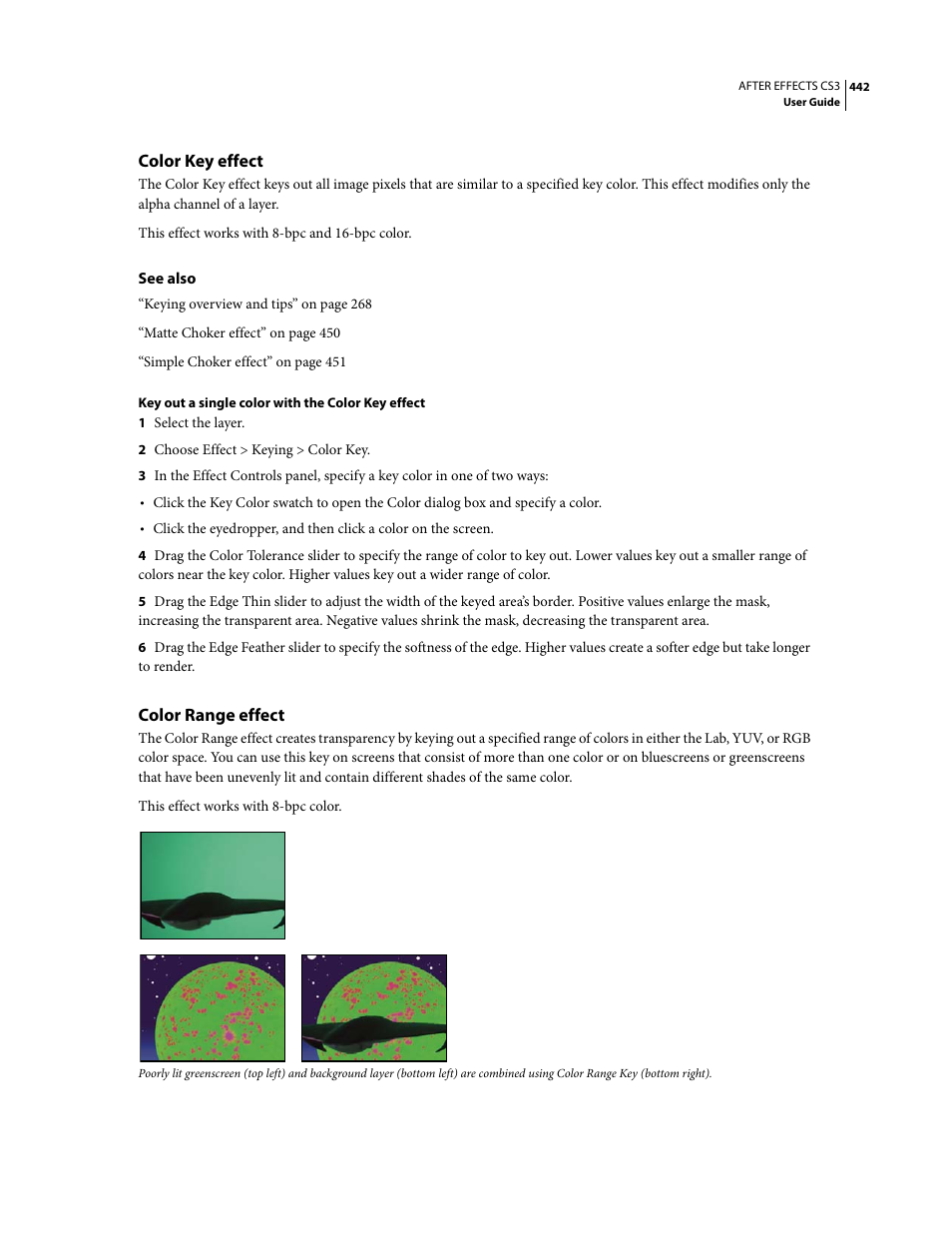 Color key effect, Color range effect | Adobe After Effects CS3 User Manual | Page 447 / 677