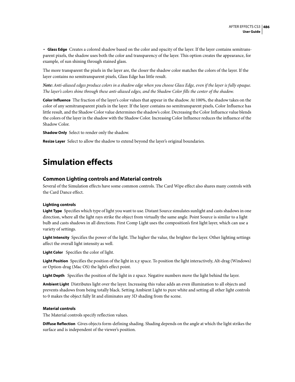 Simulation effects, Common lighting controls and material controls | Adobe After Effects CS3 User Manual | Page 491 / 677