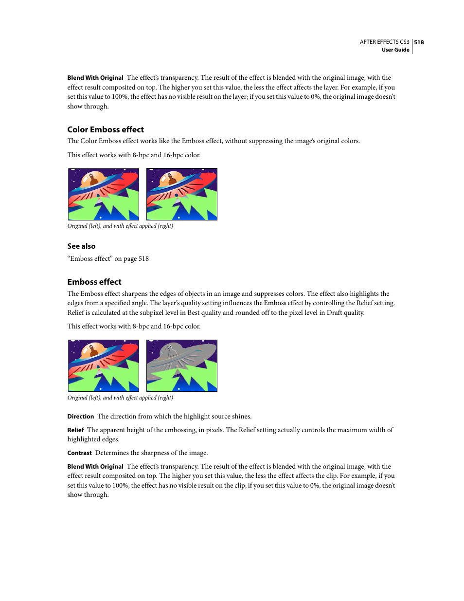 Color emboss effect, Emboss effect | Adobe After Effects CS3 User Manual | Page 523 / 677