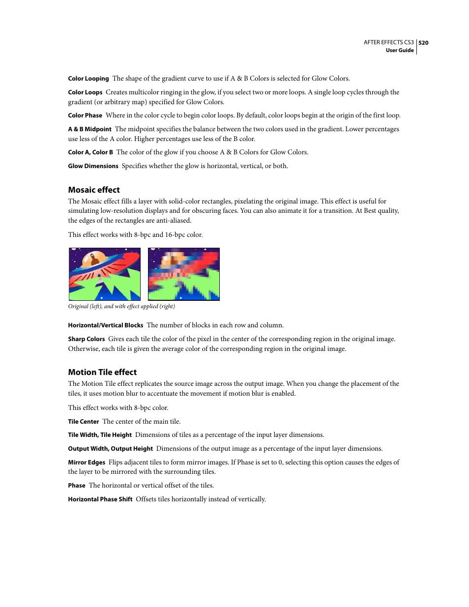Mosaic effect, Motion tile effect | Adobe After Effects CS3 User Manual | Page 525 / 677