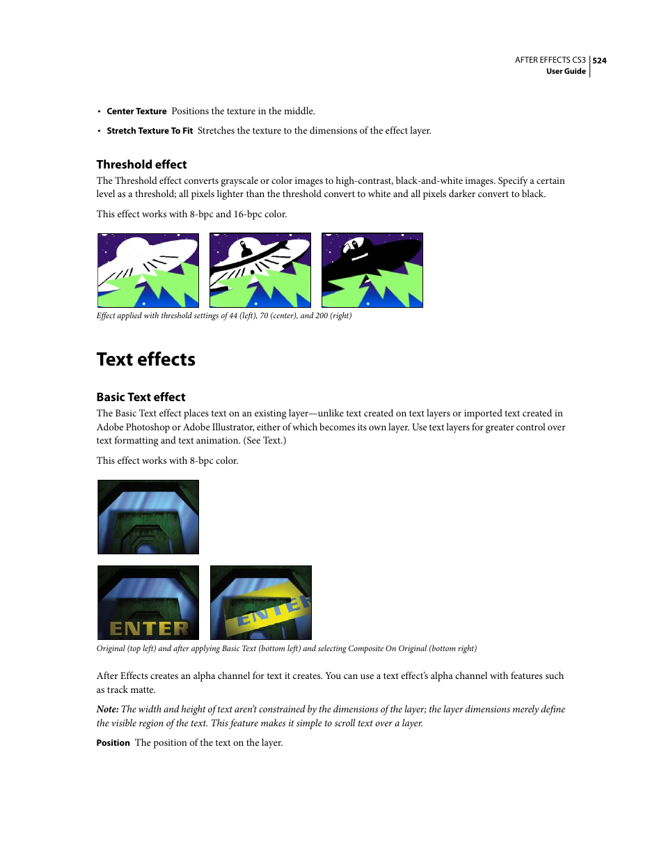 Threshold effect, Text effects, Basic text effect | Adobe After Effects CS3 User Manual | Page 529 / 677