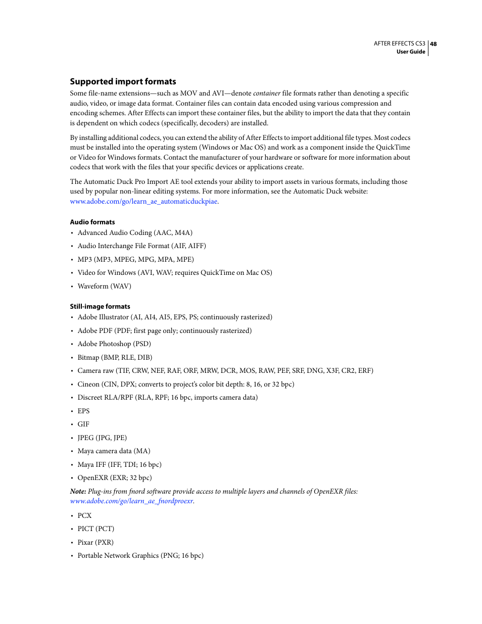 Supported import formats | Adobe After Effects CS3 User Manual | Page 53 / 677