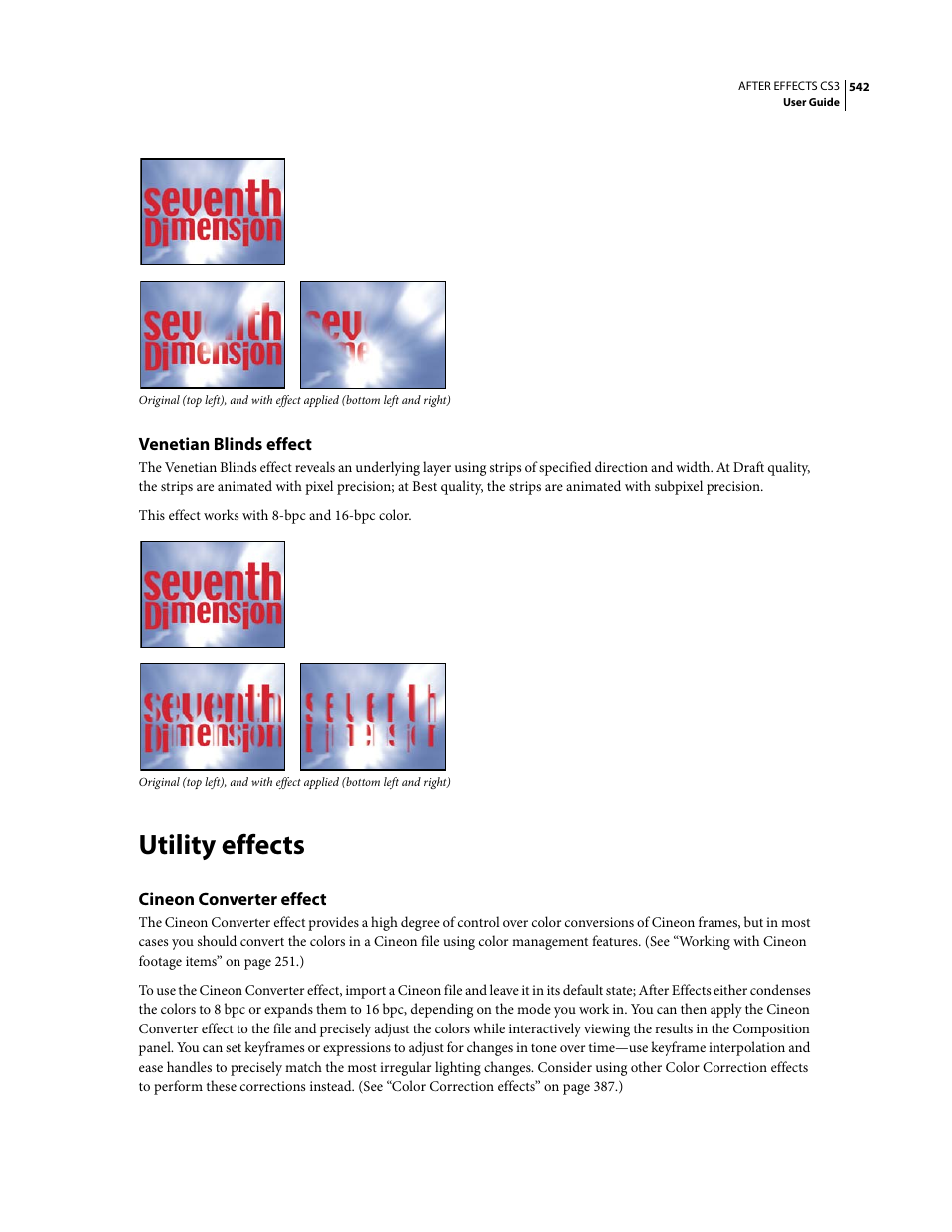 Venetian blinds effect, Utility effects, Cineon converter effect | Adobe After Effects CS3 User Manual | Page 547 / 677