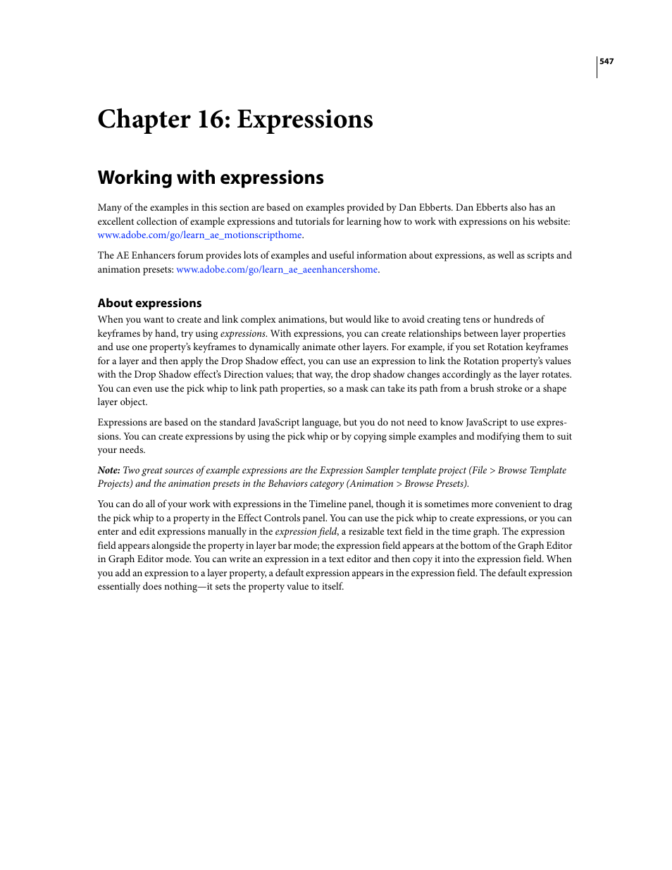 Chapter 16: expressions, Working with expressions, About expressions | Adobe After Effects CS3 User Manual | Page 552 / 677