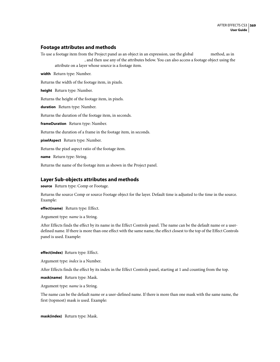 Footage attributes and methods, Layer sub-objects attributes and methods | Adobe After Effects CS3 User Manual | Page 574 / 677