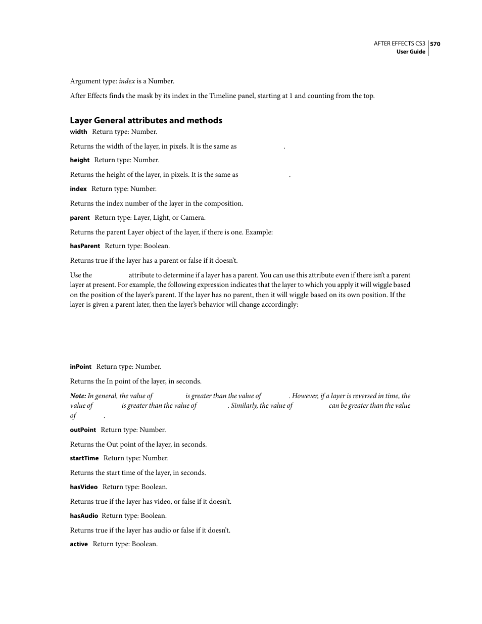 Layer general attributes and methods, T “layer | Adobe After Effects CS3 User Manual | Page 575 / 677