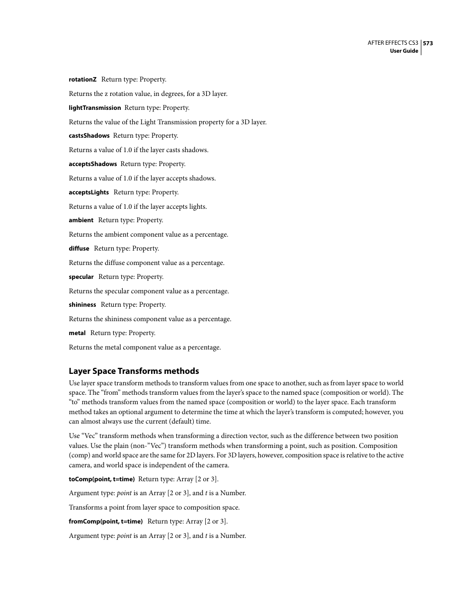 Layer space transforms methods | Adobe After Effects CS3 User Manual | Page 578 / 677