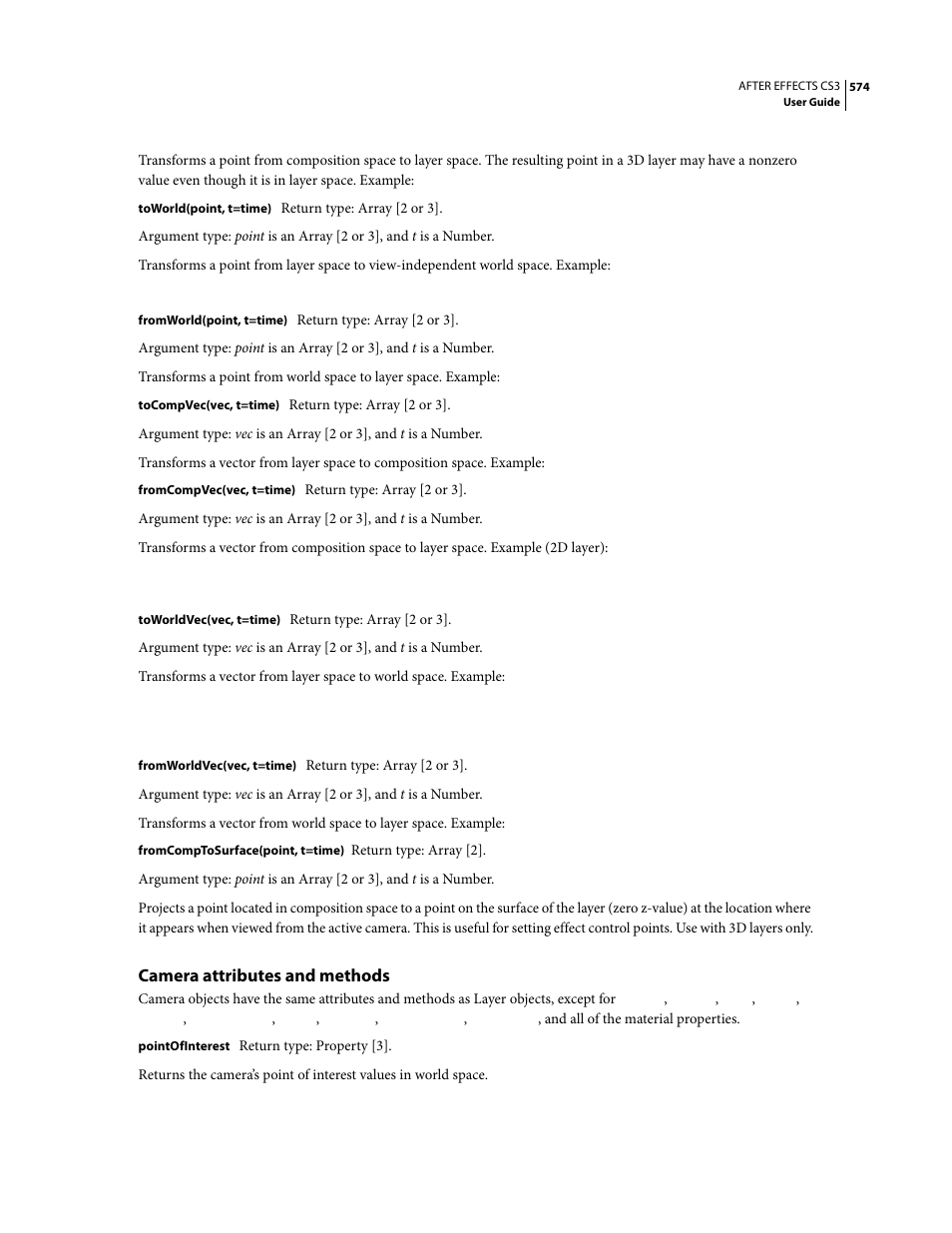 Camera attributes and methods | Adobe After Effects CS3 User Manual | Page 579 / 677