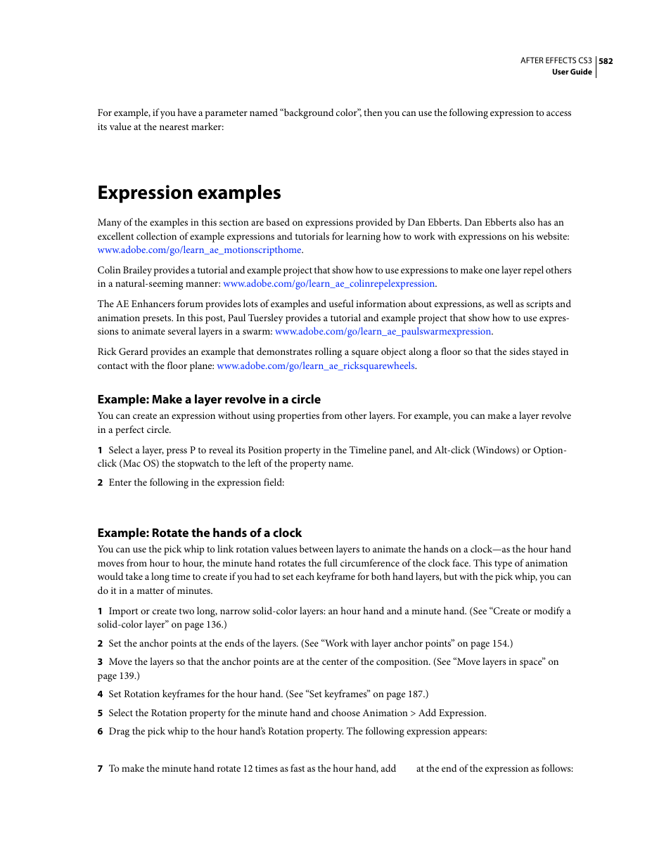 Expression examples, Example: make a layer revolve in a circle, Example: rotate the hands of a clock | Adobe After Effects CS3 User Manual | Page 587 / 677