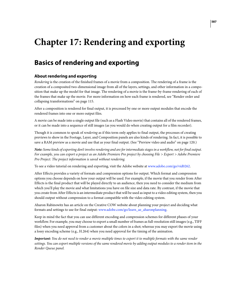 Chapter 17: rendering and exporting, Basics of rendering and exporting, About rendering and exporting | Adobe After Effects CS3 User Manual | Page 592 / 677