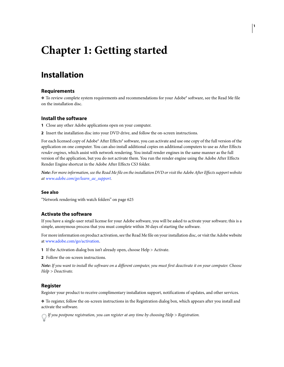 Chapter 1: getting started, Installation, Requirements | Install the software, Activate the software, Register | Adobe After Effects CS3 User Manual | Page 6 / 677