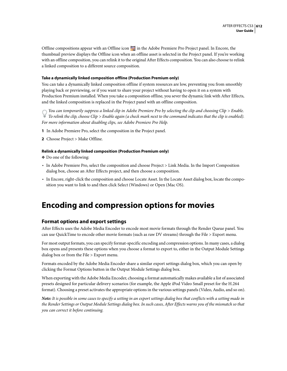 Encoding and compression options for movies, Format options and export settings | Adobe After Effects CS3 User Manual | Page 617 / 677