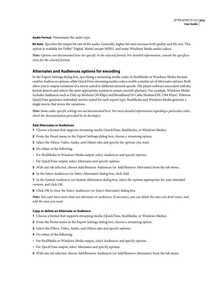 Alternates and audiences options for encoding | Adobe After Effects CS3 User Manual | Page 621 / 677