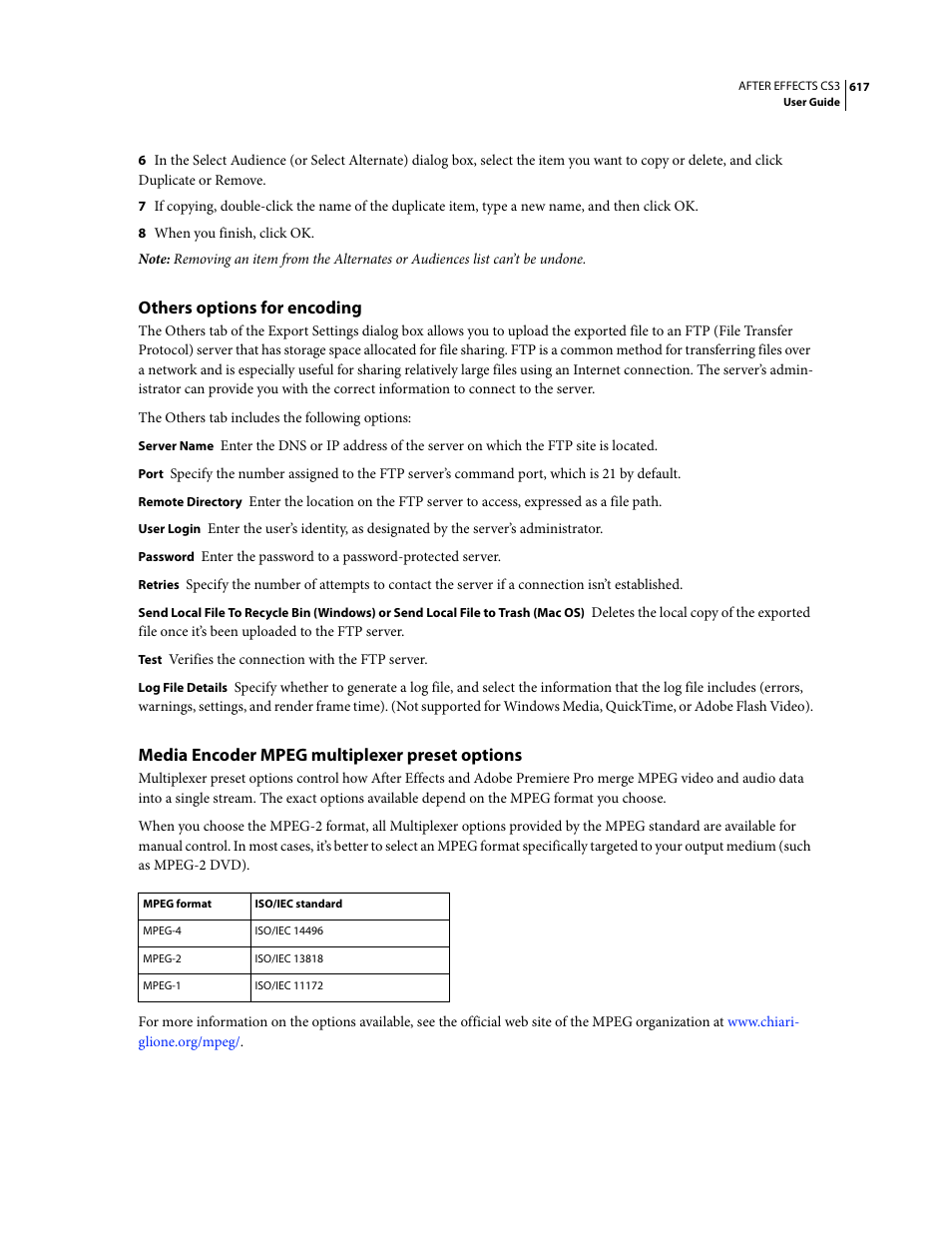 Others options for encoding, Media encoder mpeg multiplexer preset options | Adobe After Effects CS3 User Manual | Page 622 / 677