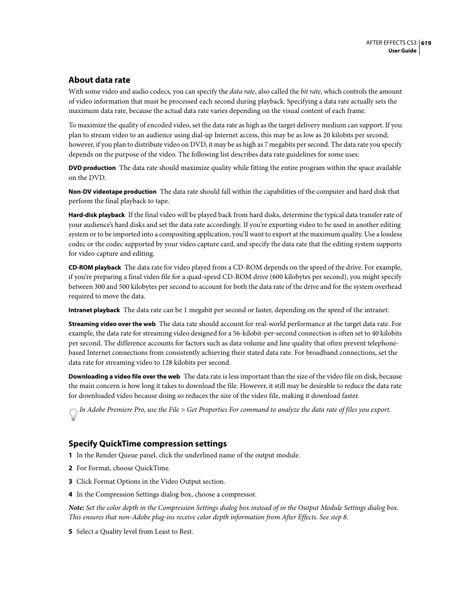 About data rate, Specify quicktime compression settings | Adobe After Effects CS3 User Manual | Page 624 / 677