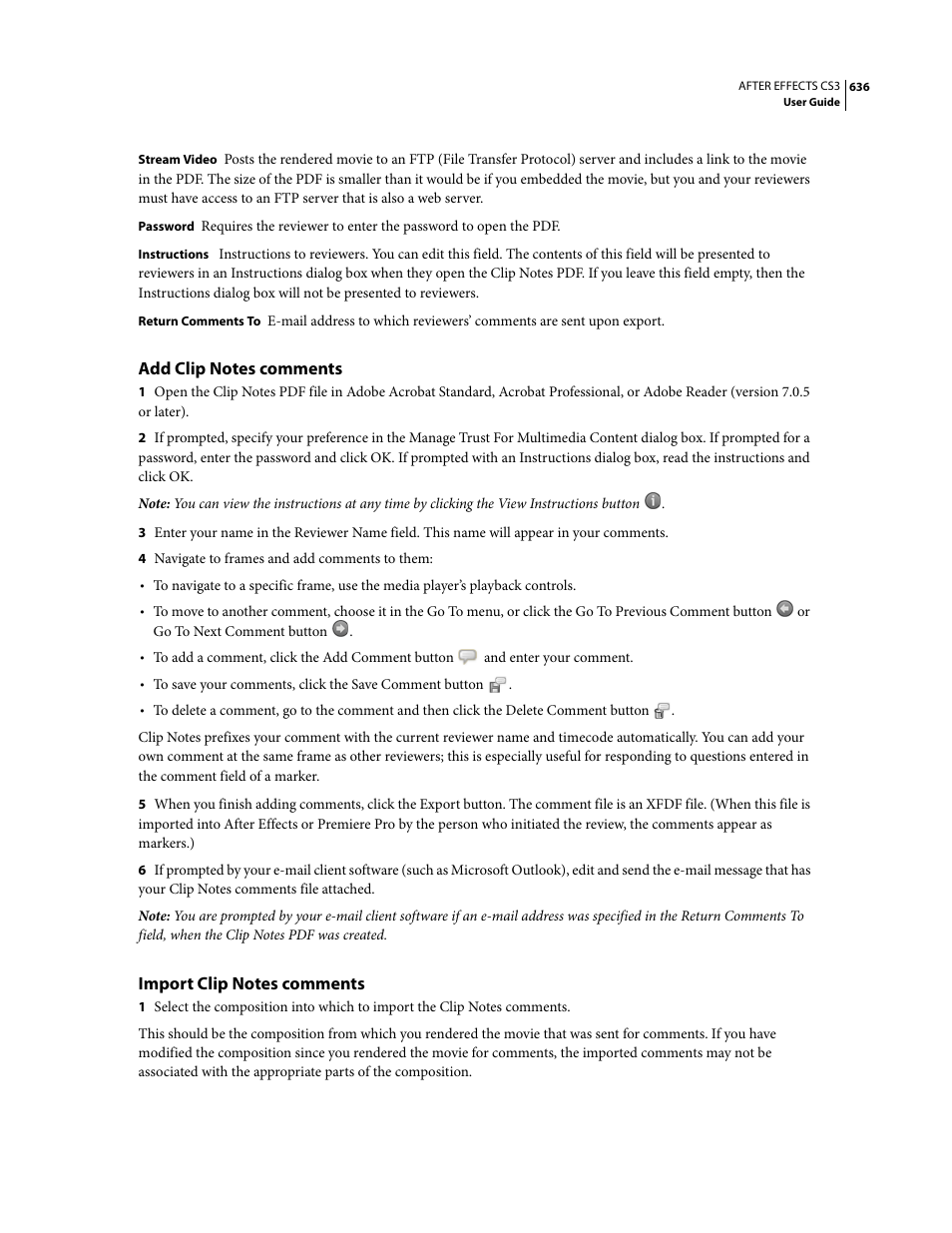 Add clip notes comments, Import clip notes comments | Adobe After Effects CS3 User Manual | Page 641 / 677