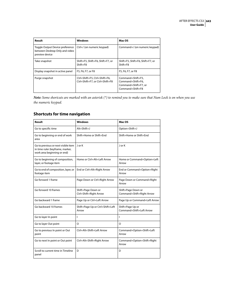 Shortcuts for time navigation | Adobe After Effects CS3 User Manual | Page 648 / 677