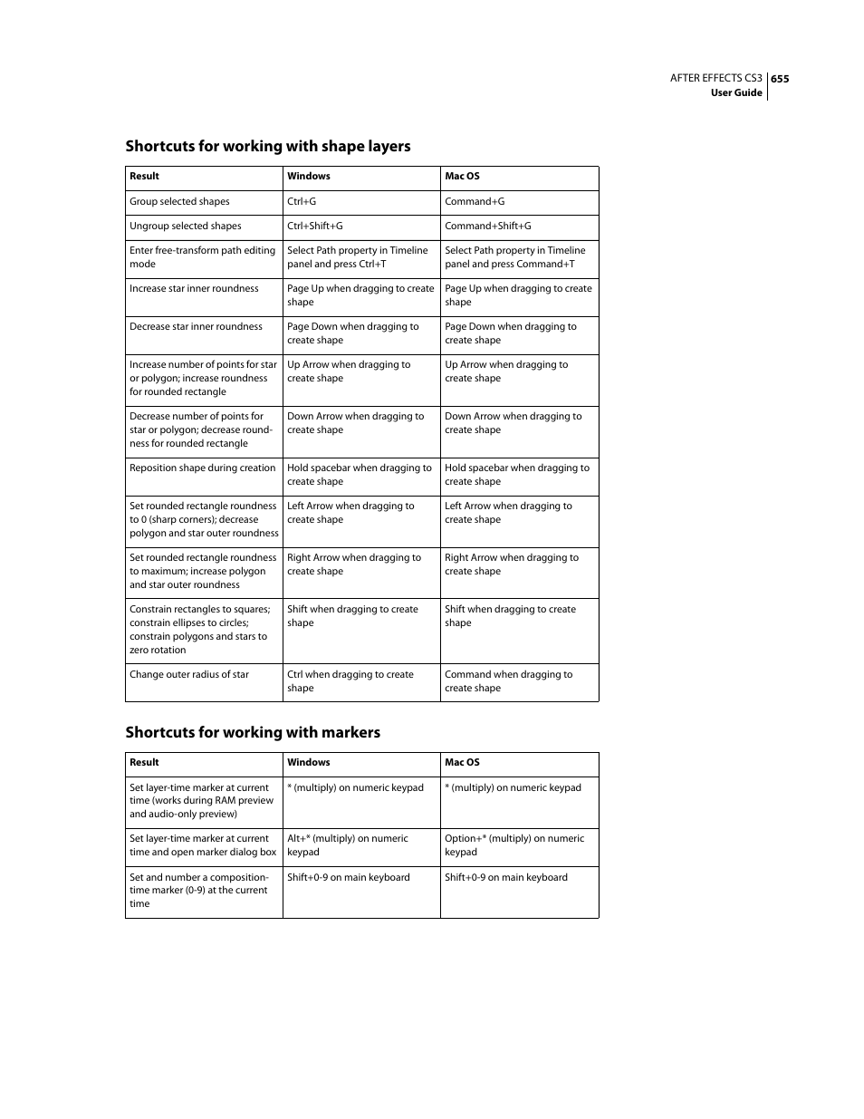 Shortcuts for working with shape layers, Shortcuts for working with markers | Adobe After Effects CS3 User Manual | Page 660 / 677