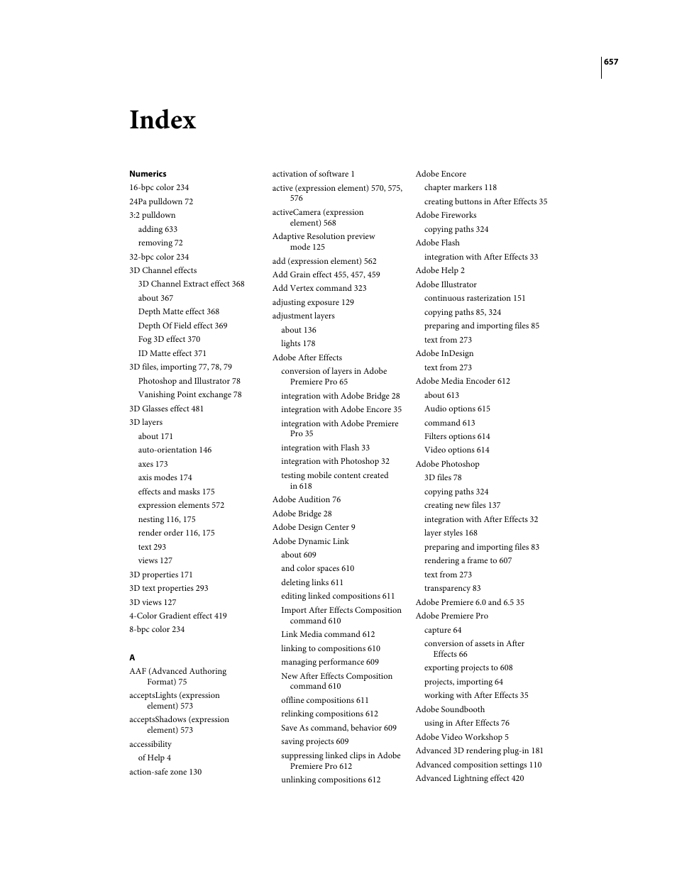 Index, Numerics | Adobe After Effects CS3 User Manual | Page 662 / 677