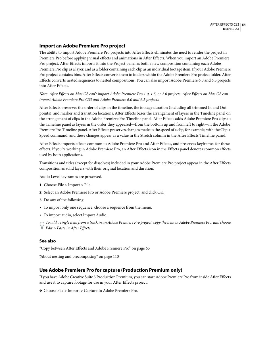 Import an adobe premiere pro project | Adobe After Effects CS3 User Manual | Page 69 / 677