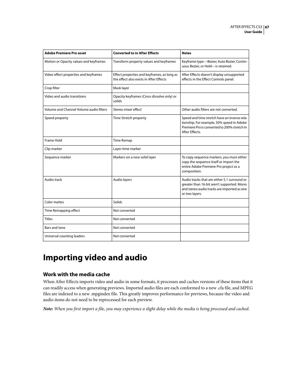 Importing video and audio, Work with the media cache | Adobe After Effects CS3 User Manual | Page 72 / 677